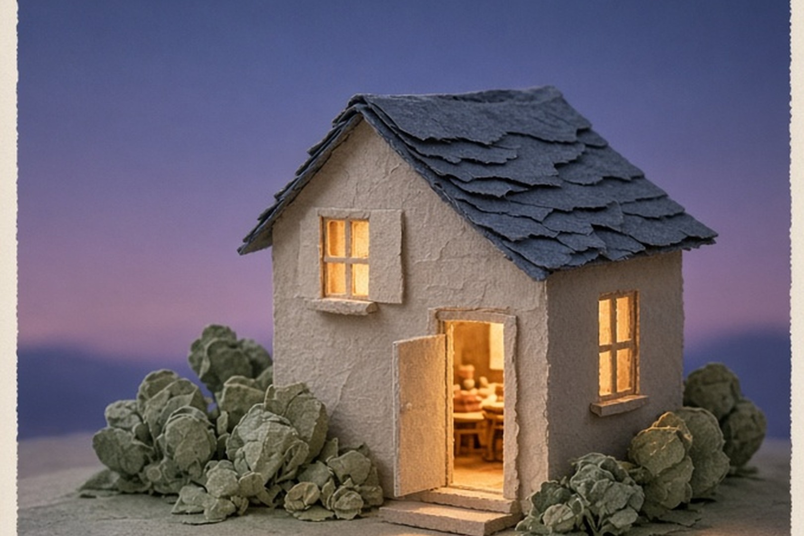 A handcrafted paper house glowing with varied room lights at dusk