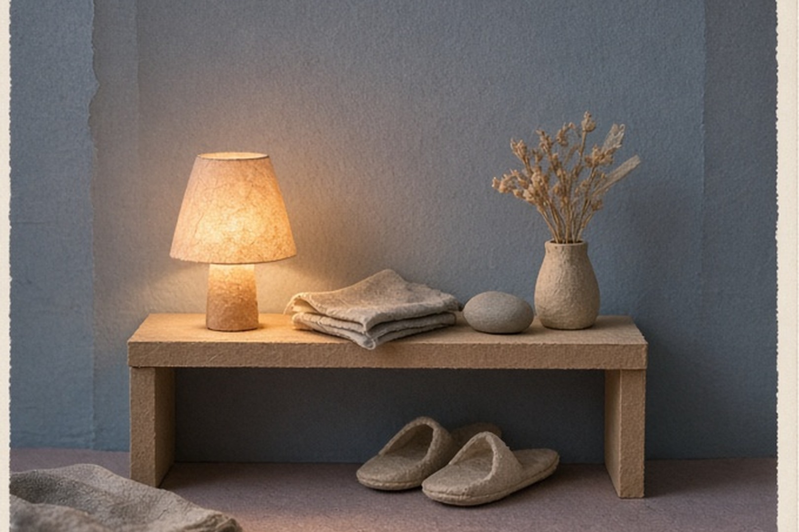 A quiet paper foyer with a low shelf, folded cloth, and warm lamp