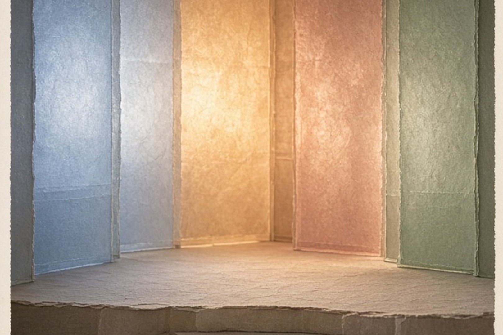 One paper room shifting through several qualities of light and weather