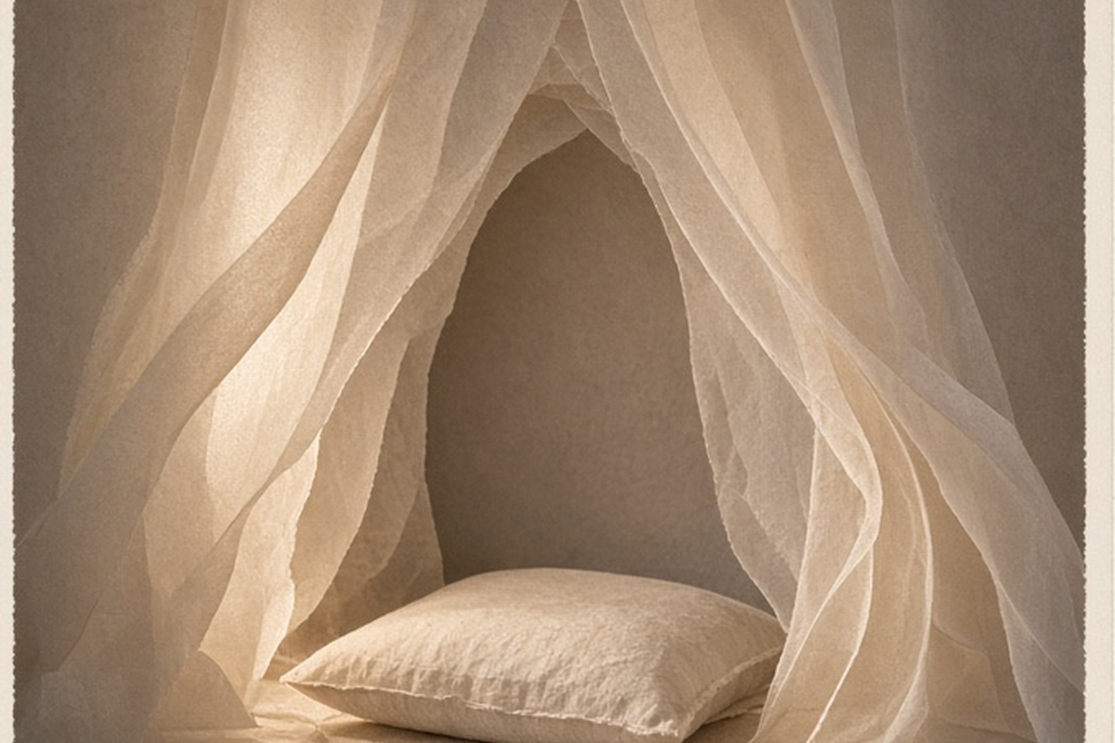 A softly lit paper alcove with layered translucent curtains
