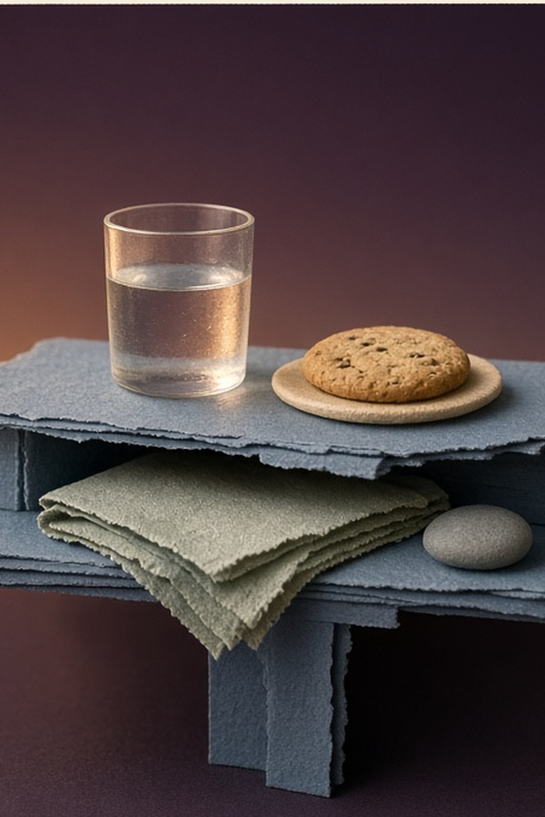 A paper shelf holding water, a snack, folded cloth, and a smooth pebble