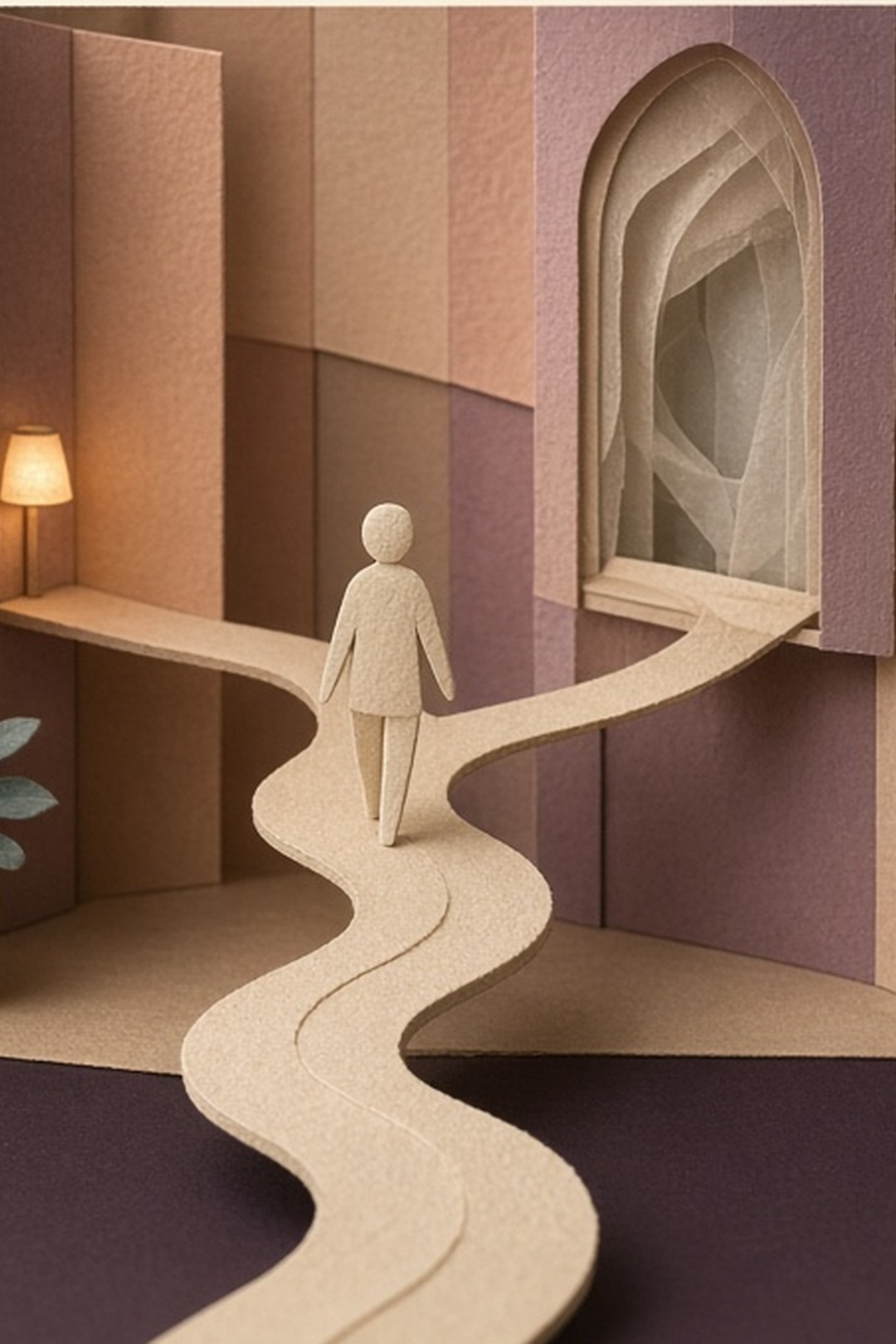 A fictional paper figure following a gentle looping path through a room