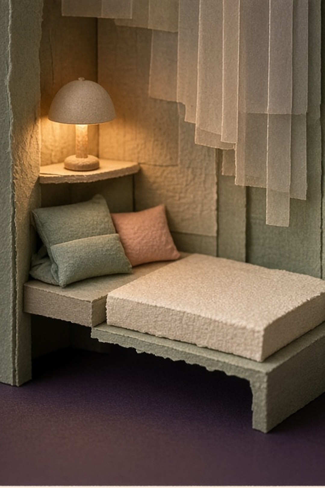 An uncluttered paper alcove with dim light and soft textures