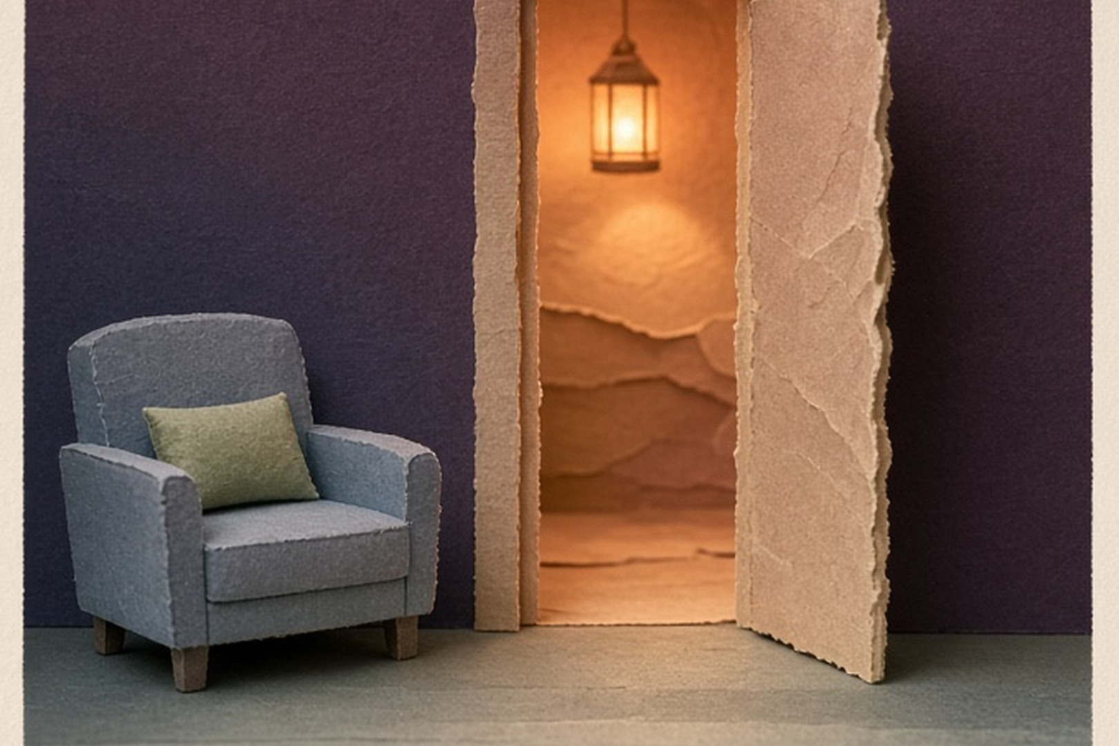 A layered paper doorway held open at a comfortable distance