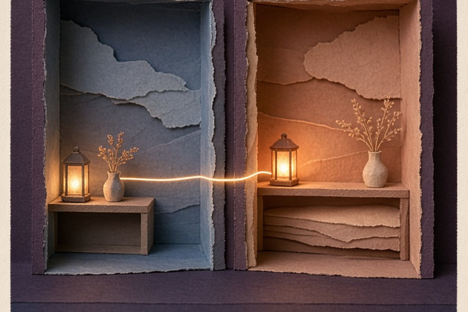 Two paper rooms joined by one warm thread of light