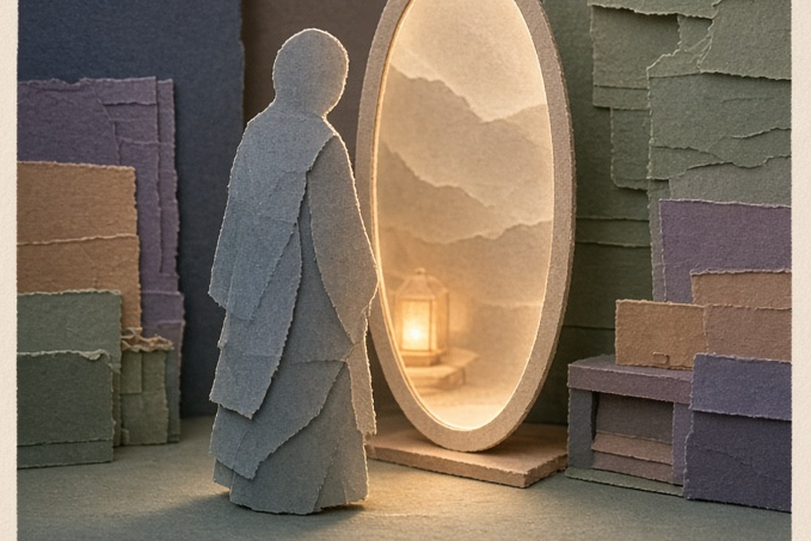 A fictional paper figure beside a softly illuminated mirror