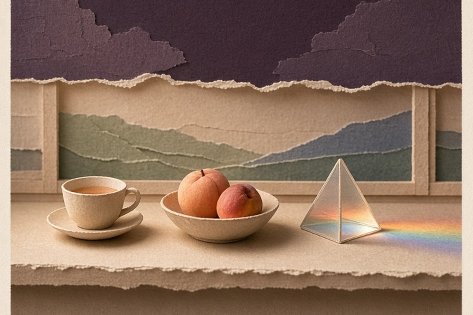 Tea, fruit, and a prism of colored light on a paper windowsill