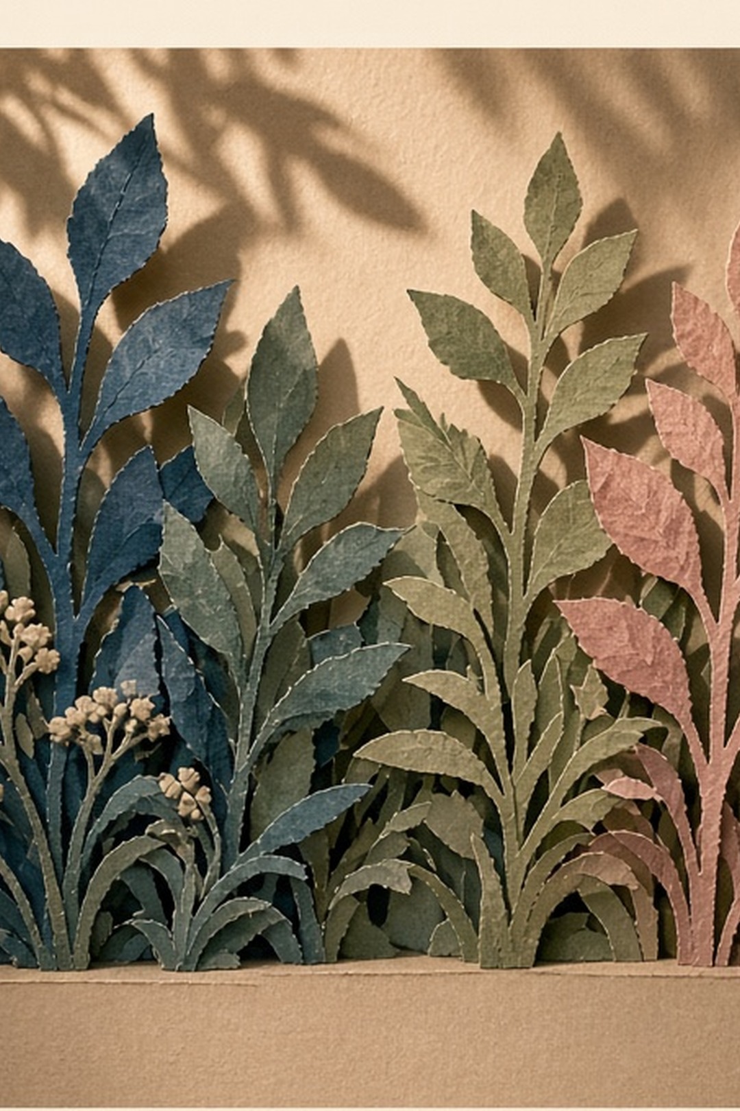 A handcrafted indoor paper garden casting living leaf shadows