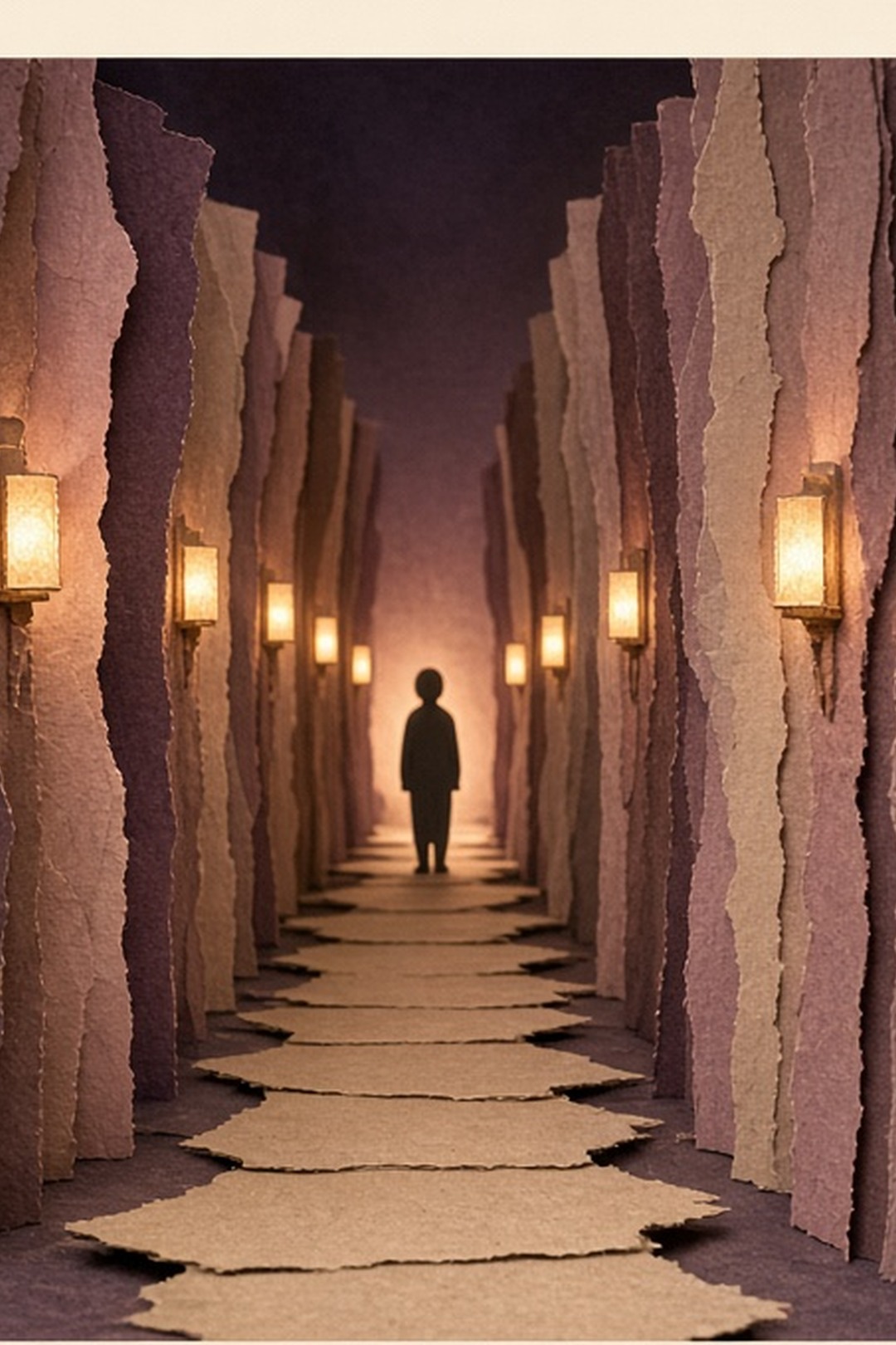 A paper hallway whose warm lamps create a path toward another person
