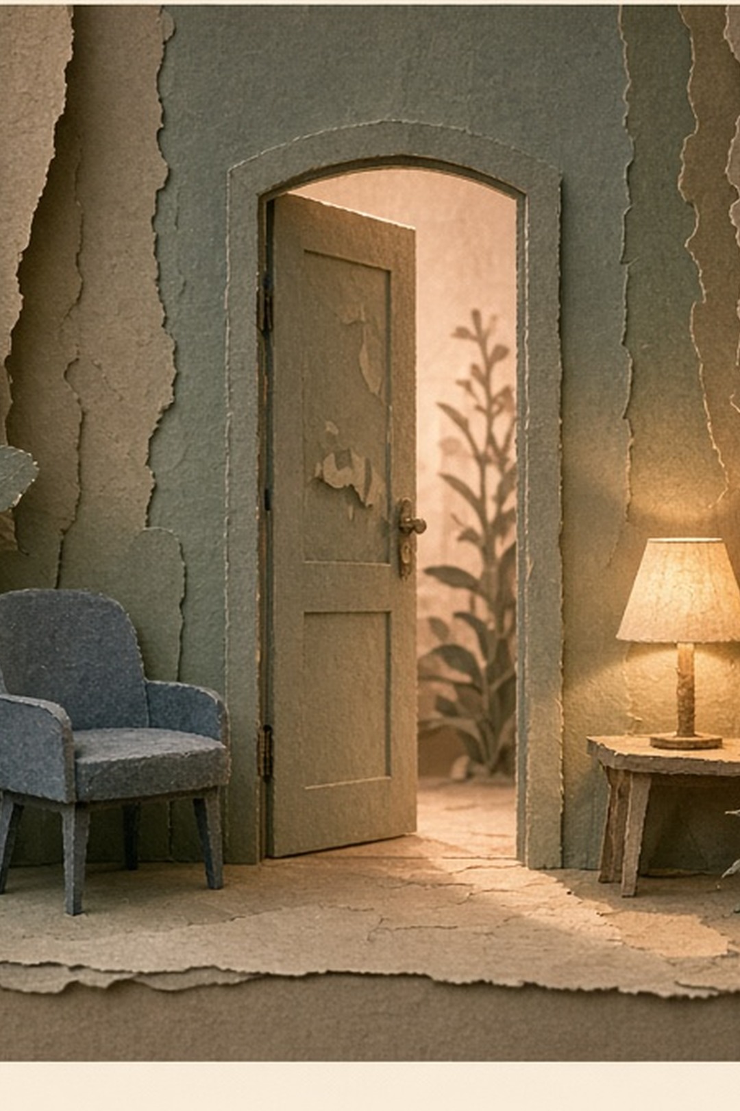 A calm paper threshold with a chair waiting beside an open door