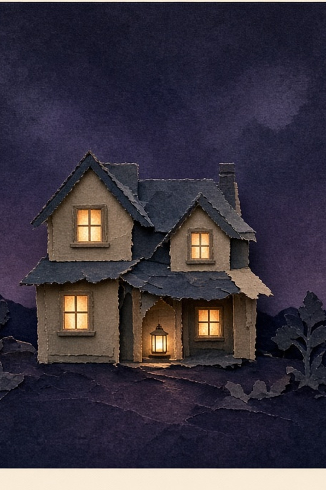 A small paper house with room lights returning one by one at night