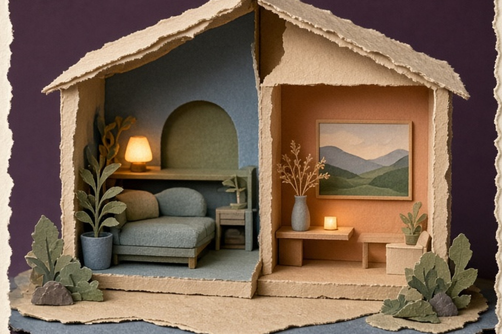 A cutaway paper house containing an app room and a separate website window