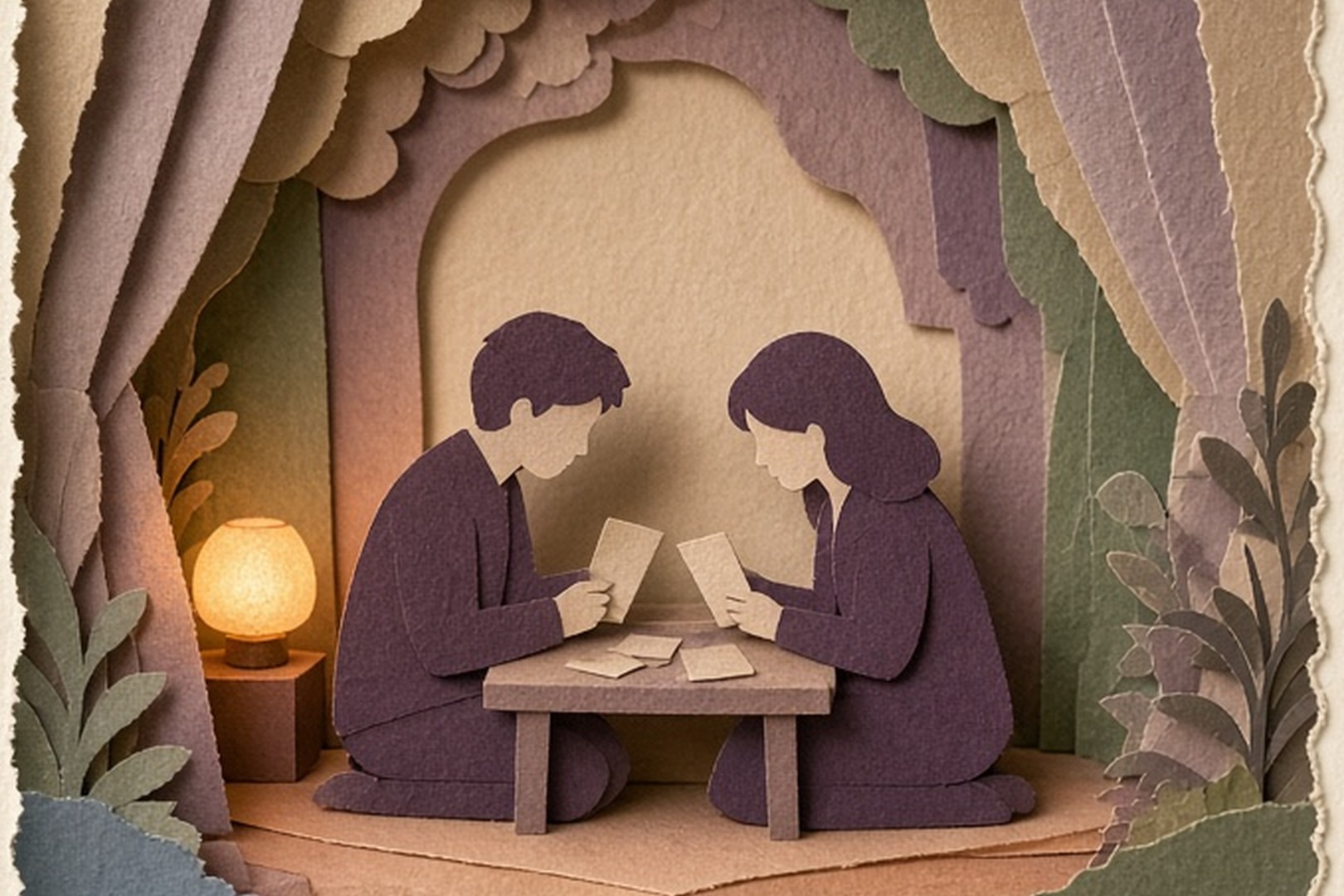 Fictional readers sharing a warm handcrafted paper room