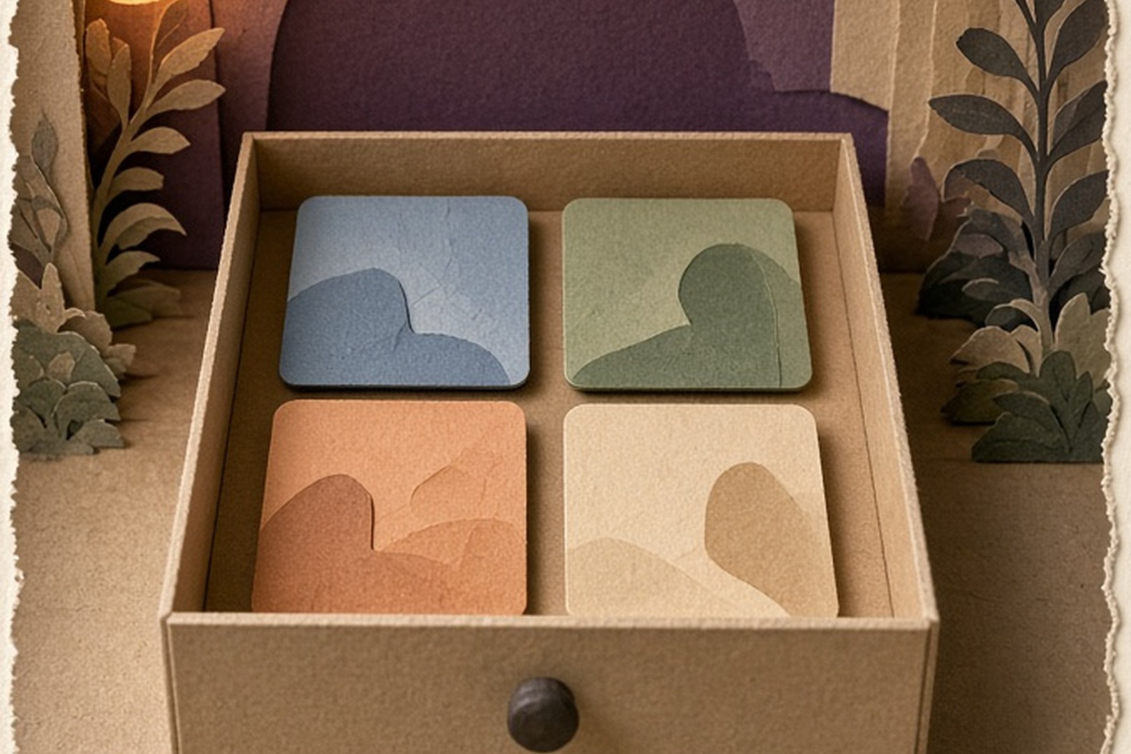 Four colored room cards resting inside a private paper drawer