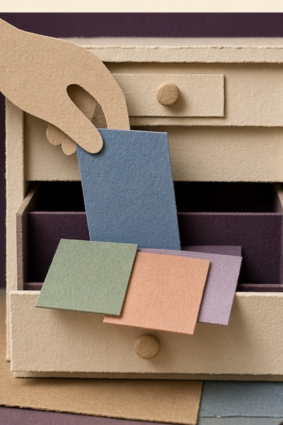 A fictional paper hand placing one colored card into a private drawer