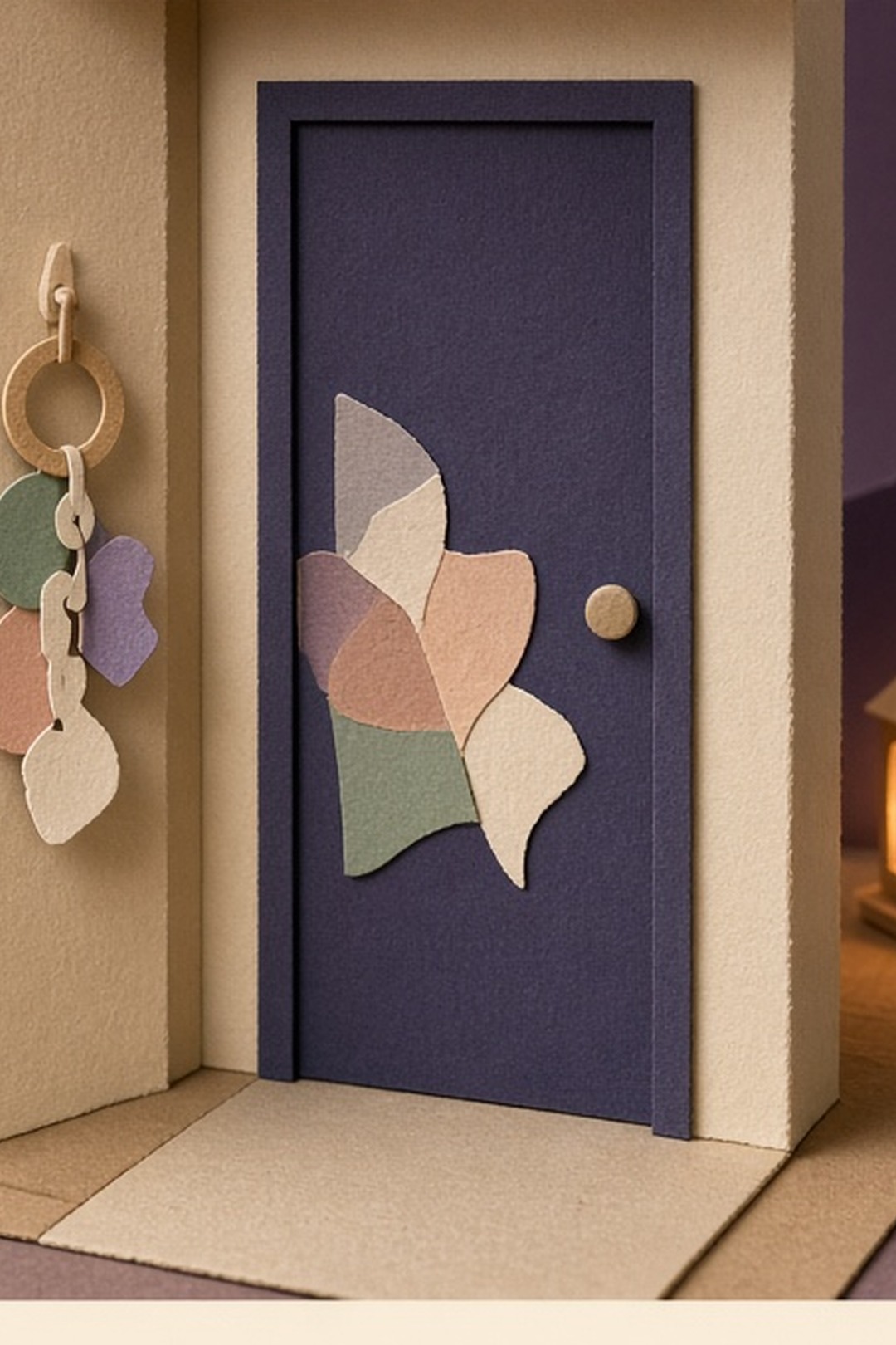 An unused abstract paper keyring resting outside a closed room