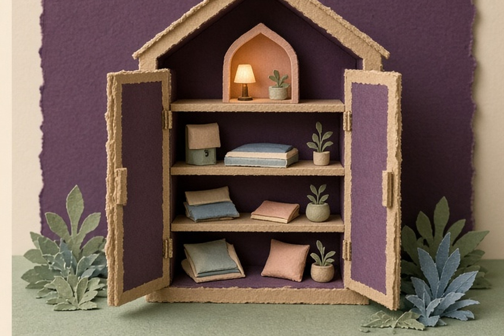 Paper artwork stored inside the same miniature house as the app rooms