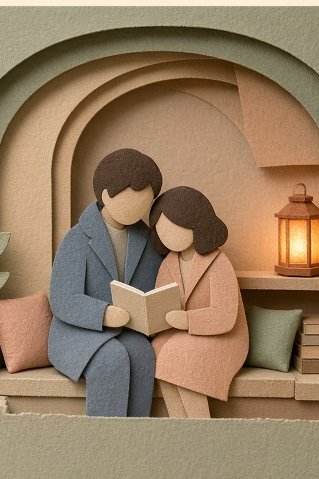 Fictional family members reading together in a calm paper corner