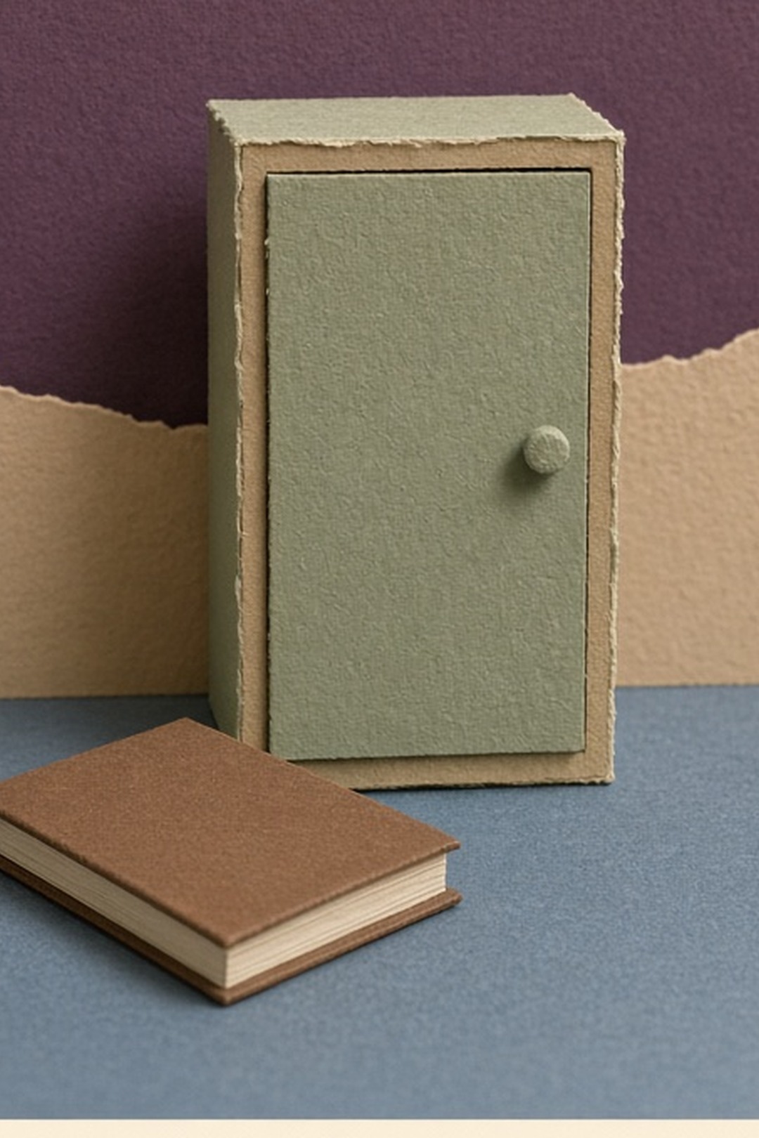 A closed unmarked diary resting outside the paper information cabinet
