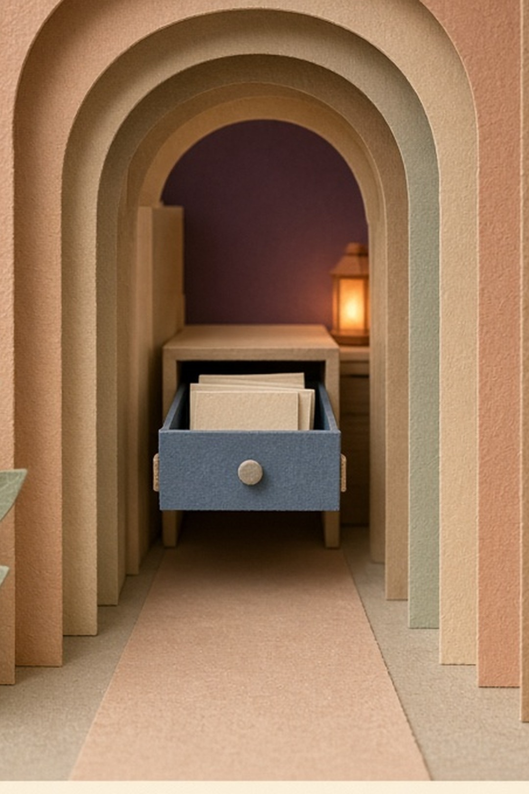 A shared paper hallway from which an open local drawer can be seen